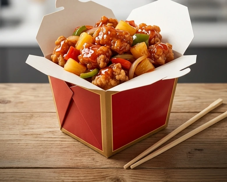 Sweet and sour pork Chinese takeout at Mayflower in Winnipeg, MB
